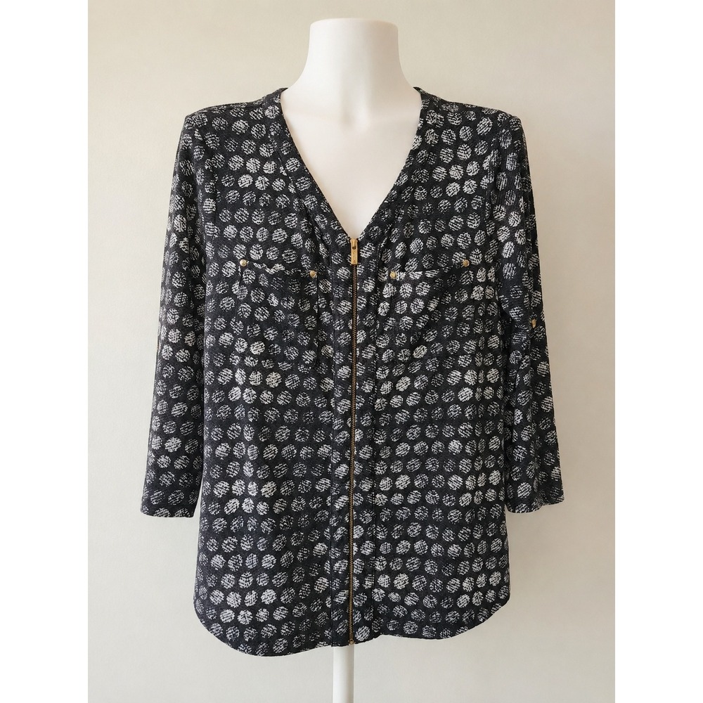 Ellen Tracy Blouse Women's Small Black White Printed Zip Front Top 3/4 Sleeve